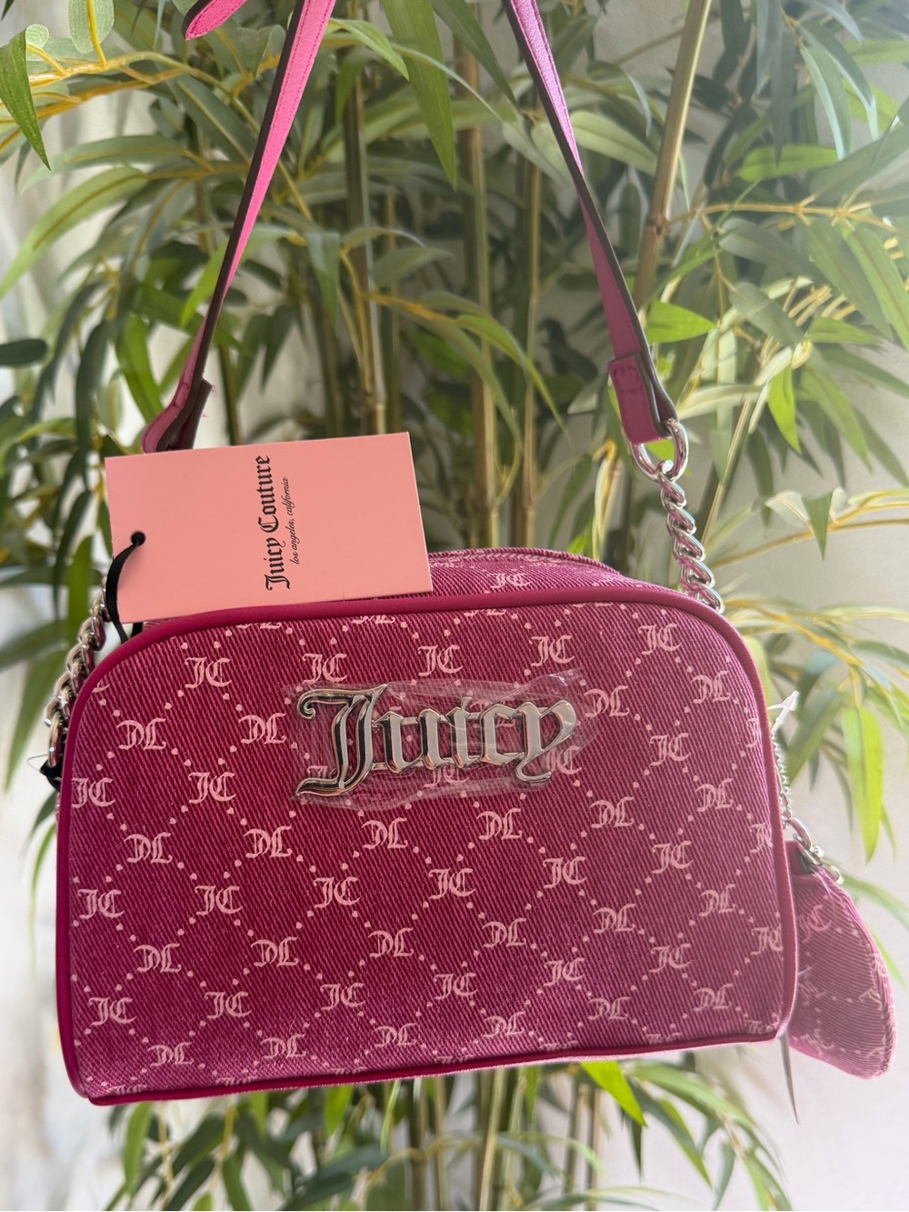 JUICY COUTURE Pink Denim Monogram Crossbody Bag With Heart Bag Charm NWT
